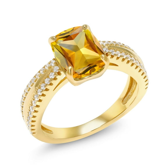 Gem Stone King 2.33 Ct Cushion Yellow Citrine 18K Yellow Gold Plated Silver Ring (Size 9)