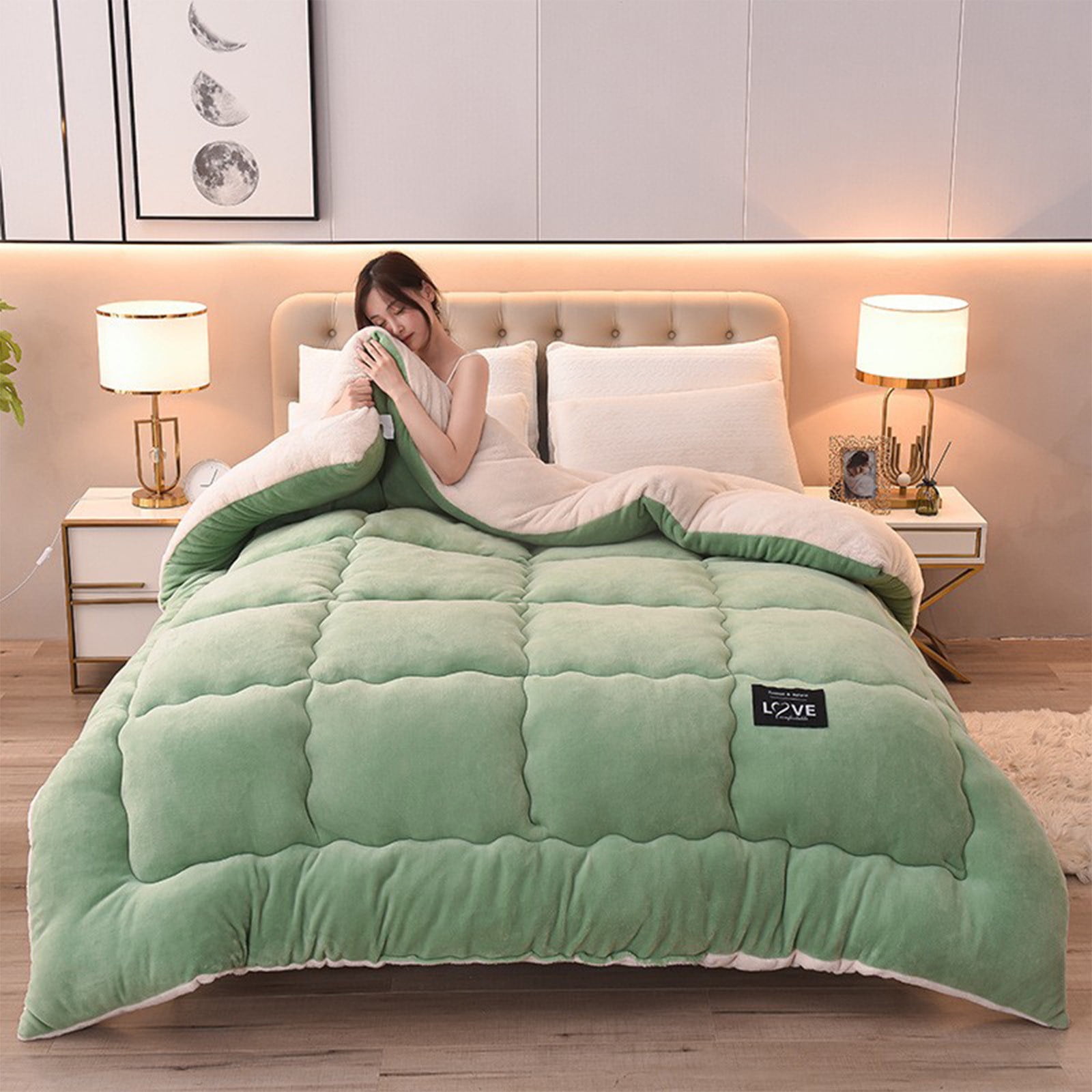 Kezqiaxn Thickened Comforter 150x200cm Milk Fleece Full Size Comforters Winter Quilt Doubles Lightweight Quilt Bed Thick Blankets Warm Cotton Quilt for Camping/Bedroom/All Season Green