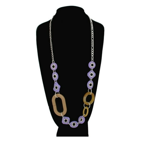 Plastic Purple Necklace - Necklace Silver Tone Tan Purple Plastic Circle Link