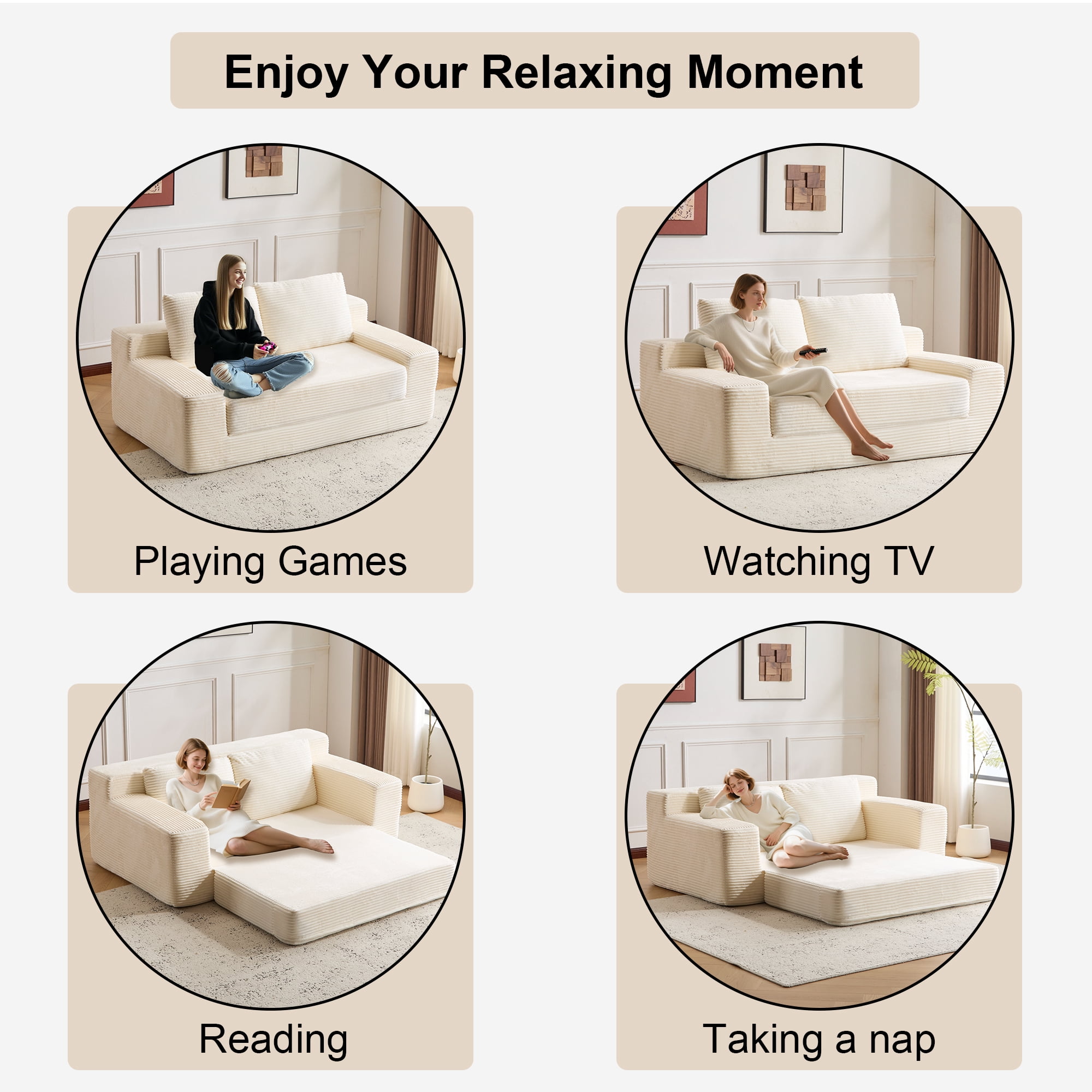 Miniyam Corduroy Convertible Loveseat Sofa with Removable Cushions, 2-Seater Couch for Living Room, No Assembly Required, White