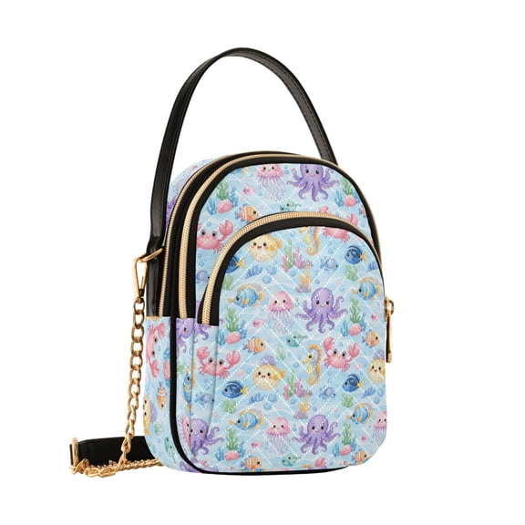 Women's Quilted Crossbody Bag Small Shoulder Tote Purse with 3 Zipper Pockets Cute Colorful Marine Life