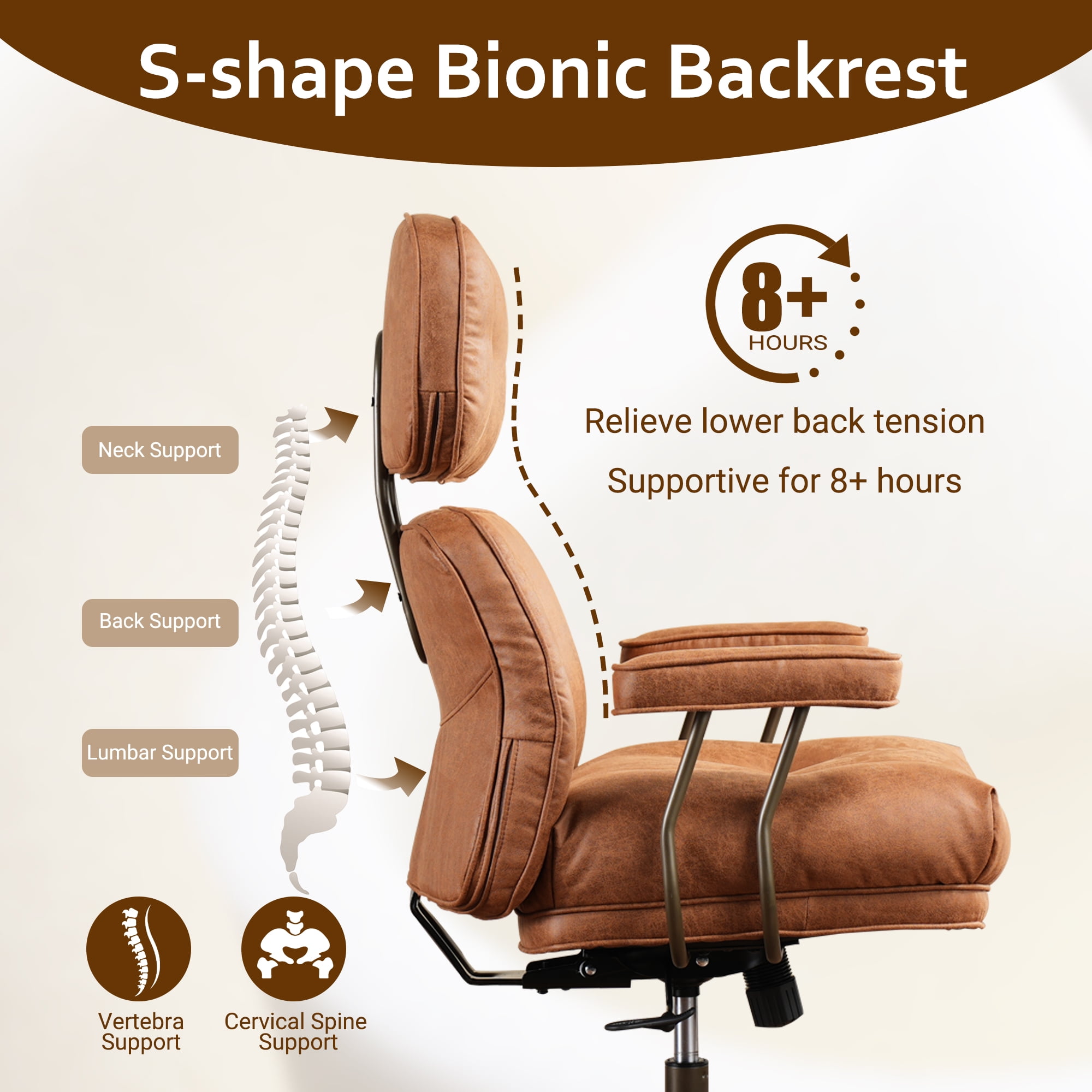 Vcatnet Ergonomic Executive Office Chair, High Back Computer Chair with Lumbar Support, Suede Leather Mid-Century Modern Adjustable Home Office Desk Chair, Brown