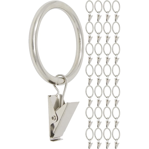 MERIVILLE Drapery Curtain Rings with Clip - 1.5-Inch Inner Diameter, Fits Up to 1 1/4-Inch Rod, Set of 28, Satin Nickel Finish