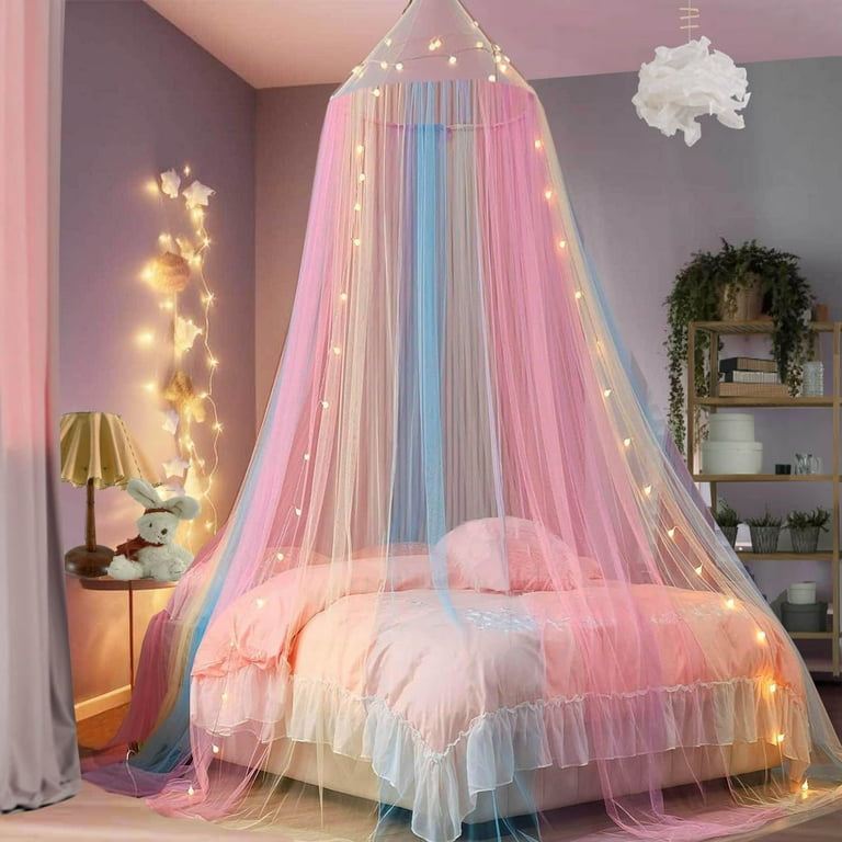 OldPAPA Kids Bed Canopy with Lights, Rainbow Princess Mosquito Net