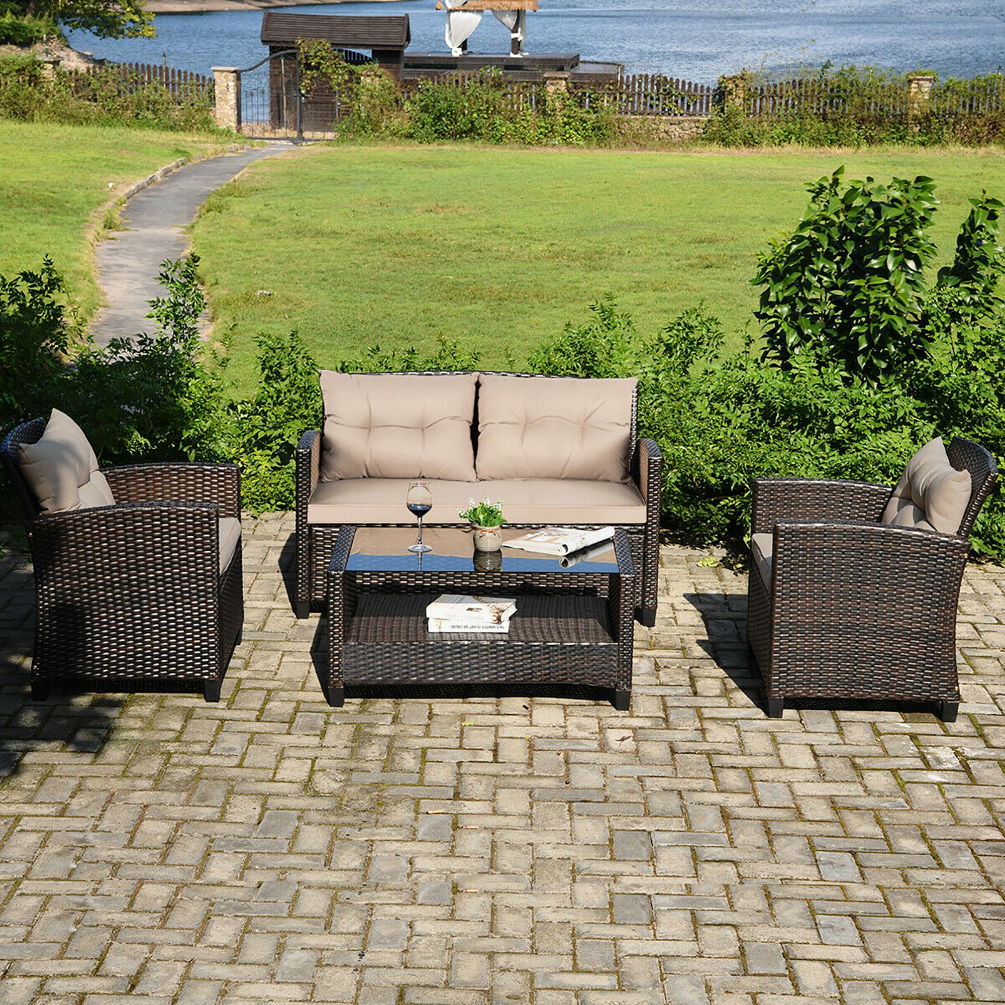 4PCS Wicker Rattan Sofa Furniture Set Patio Garden Lawn Sofa Cushioned Seat 