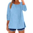 thumbnail image 3 of Bovemsi Ladies' Fashionable Casual Cotton and Linen Sleeve Seven Quarter Sleeve Top T Shirt, Blue Summer Women's Long Sleeve T-Shirts, L, 3 of 9