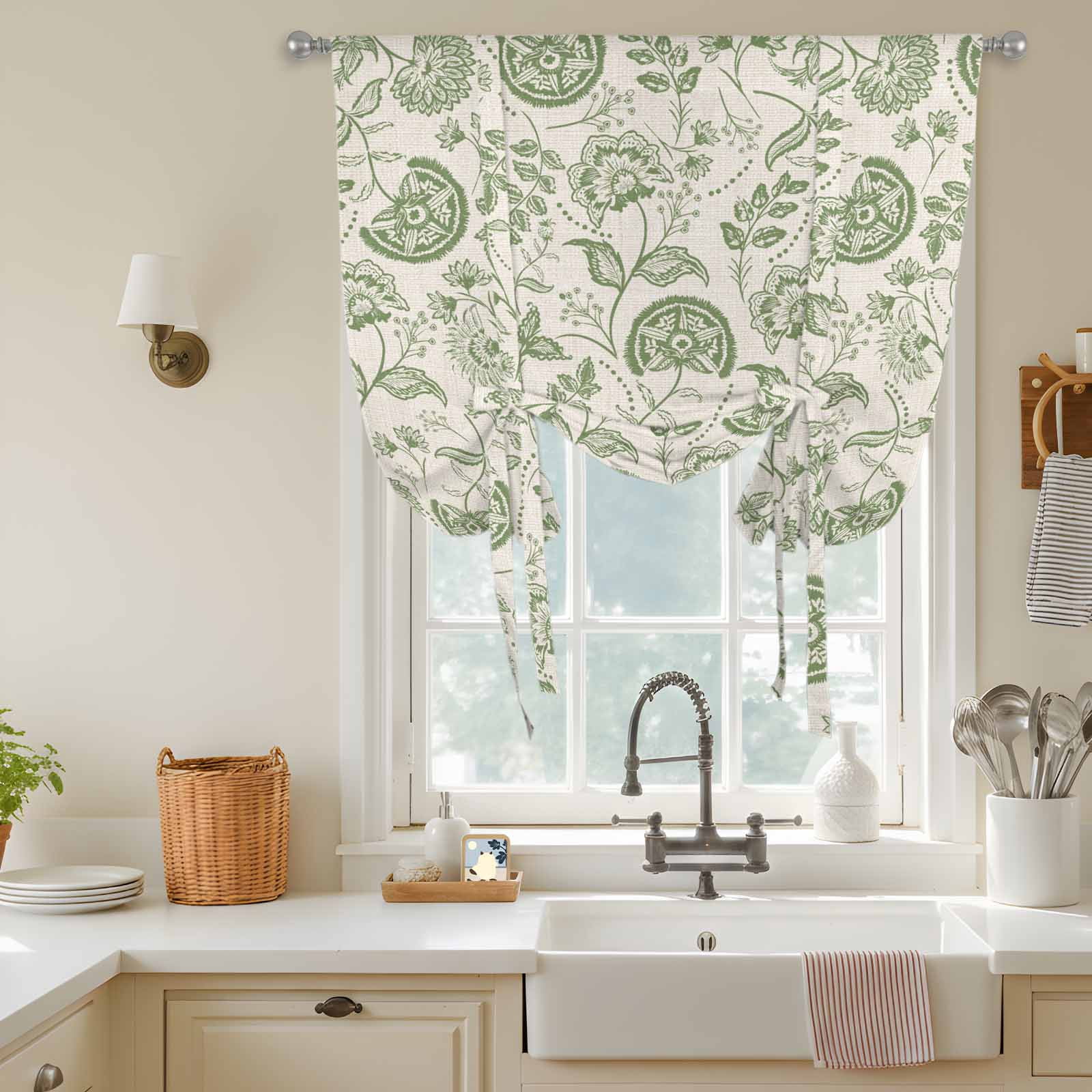 Farmhouse Sage Green Floral Tie Up Curtains, Linen Boho Flower Rustic Country Adjustable Rod Pocket Balloon Curtains Light Blocking Window Treatment for Kitchen Living Room Bedroom, 34 × 45 In