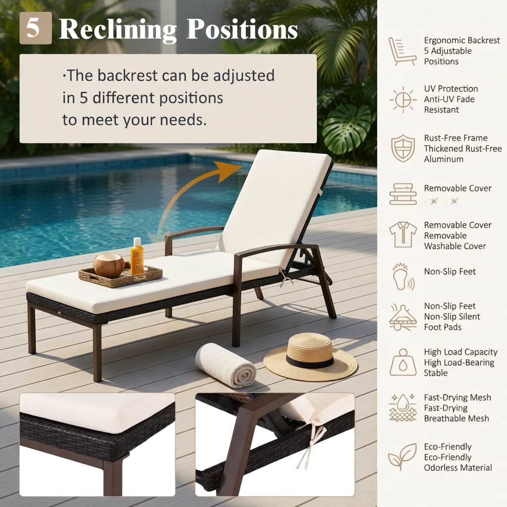 Hommoo 2-Pack Outdoor Rattan Reclining Chaise Lounge Chairs with Removable Cushions, 5-Position Adjustable Backrest for Patio, Deck or Poolside, Red