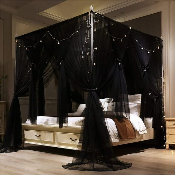 4 Corners Post Princess Bed Canopy Curtain Double Layer Cozy Drape Netting 4 Opening Mosquito Net for Girls & Adults Bedroom Decoration Accessories (Double Black, 64" W*82" L*82"*H/(Queen))
