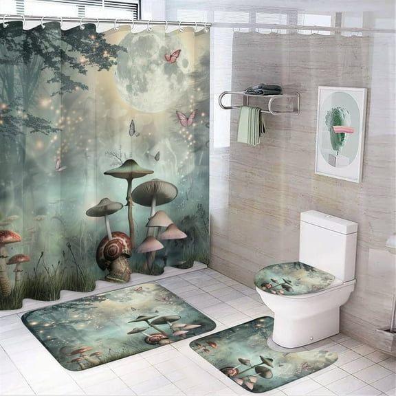 Mystery Mushroom Bathroom Shower Curtain Sets, Beautiful Butterfly Moon Forest 4PCS Bathroom Sets with Shower Curtain and Rugs, Toilet Lid Cover,Bath Mat, Bathroom Decorations Sets