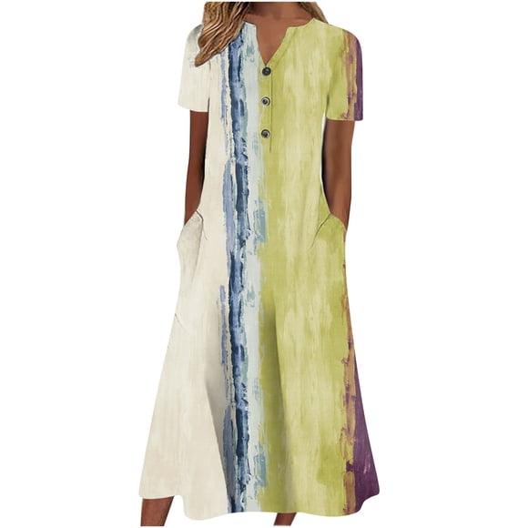 Meichang Button Up Sundresses for Wmen Roomy Funny Trendy Print Maxi Dress Lounge Split V Neck Tshirt Dresses Stylish Summer Short Sleeved Sundress
