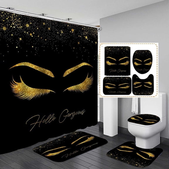 4PCS Sexy African American Women Shower Curtain Sets with Rugs, Waterproof Fabric Black White Shower Curtain, Hello Gorgeous Positive Quotes Black Girl Afro Black Woman Fashion Bathroom Decor