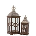 thumbnail image 2 of Wood Square Lantern with Silver Pierced Metal Top, Ring Hanger and Glass Windows Set of Two Weathered Wood Finish Brown, 2 of 2