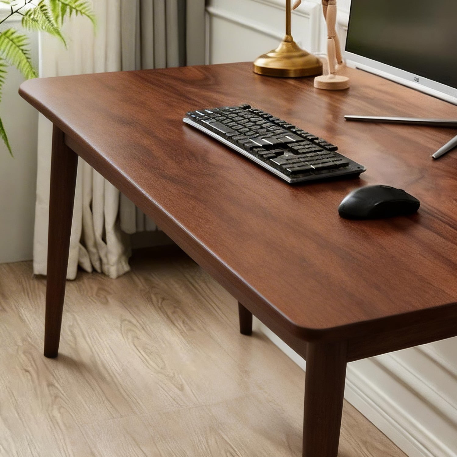 Solid Rubberwood Writing Desk 63" Mid Century Modern Small Computer Desk for Bedroom Office Study Walnut Compact Work Table