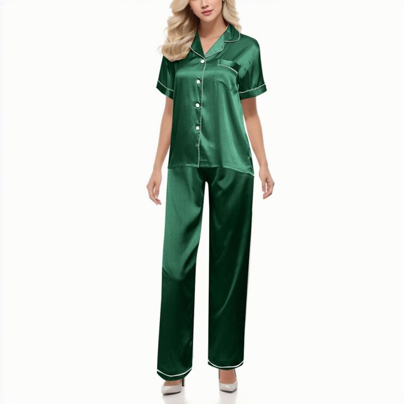 HAYIMI Women Nightwear 2 Piece Satin Pajama Set Short Sleeve Button Down Shirt and Long Pants with Chest Pocket Sleepwear Comfort Homewear