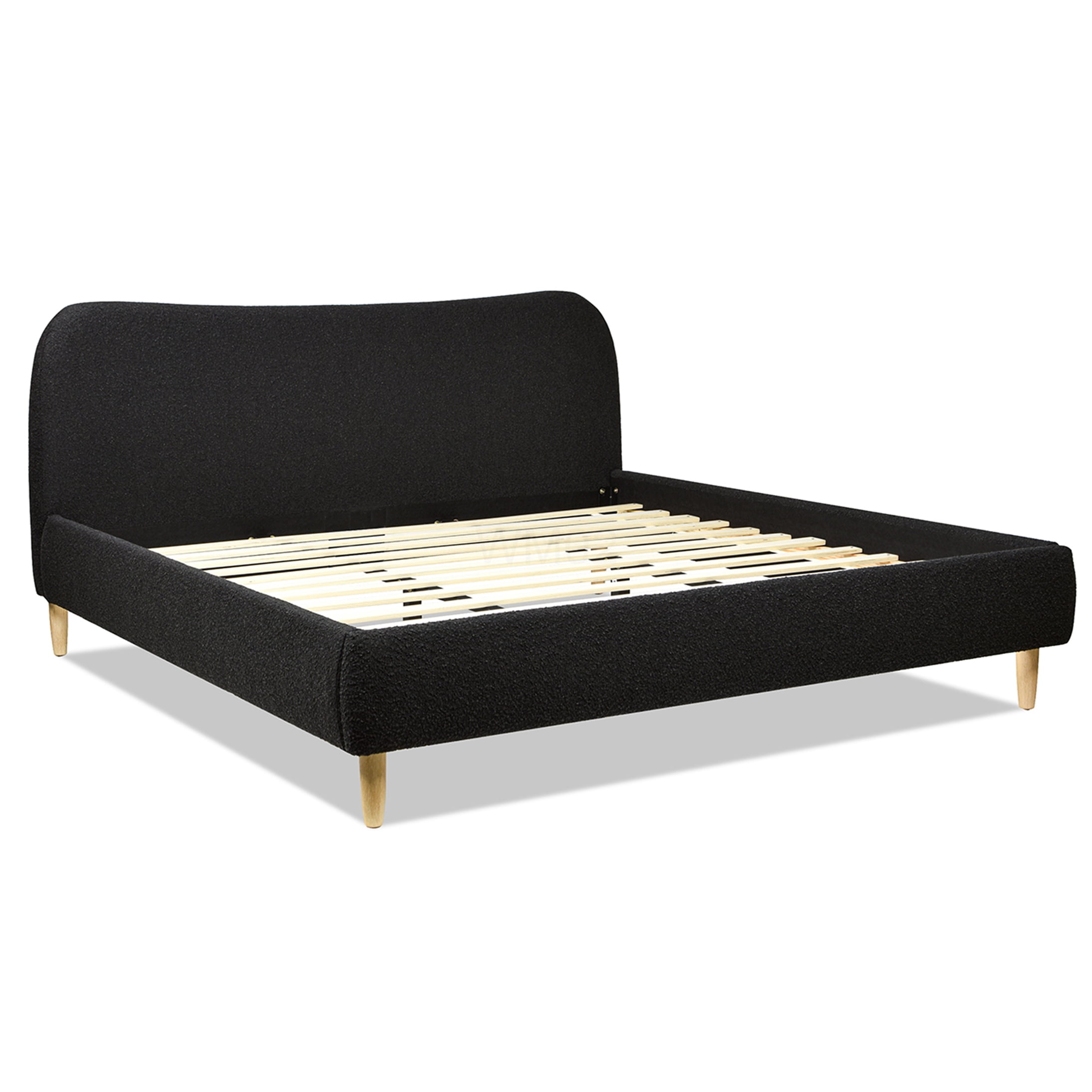 King Size Upholstered Platform Bed Frame with Curved Boucle Headboard, No Box Spring Required, Sturdy Wood Slat Support, Modern Bedroom Centerpiece