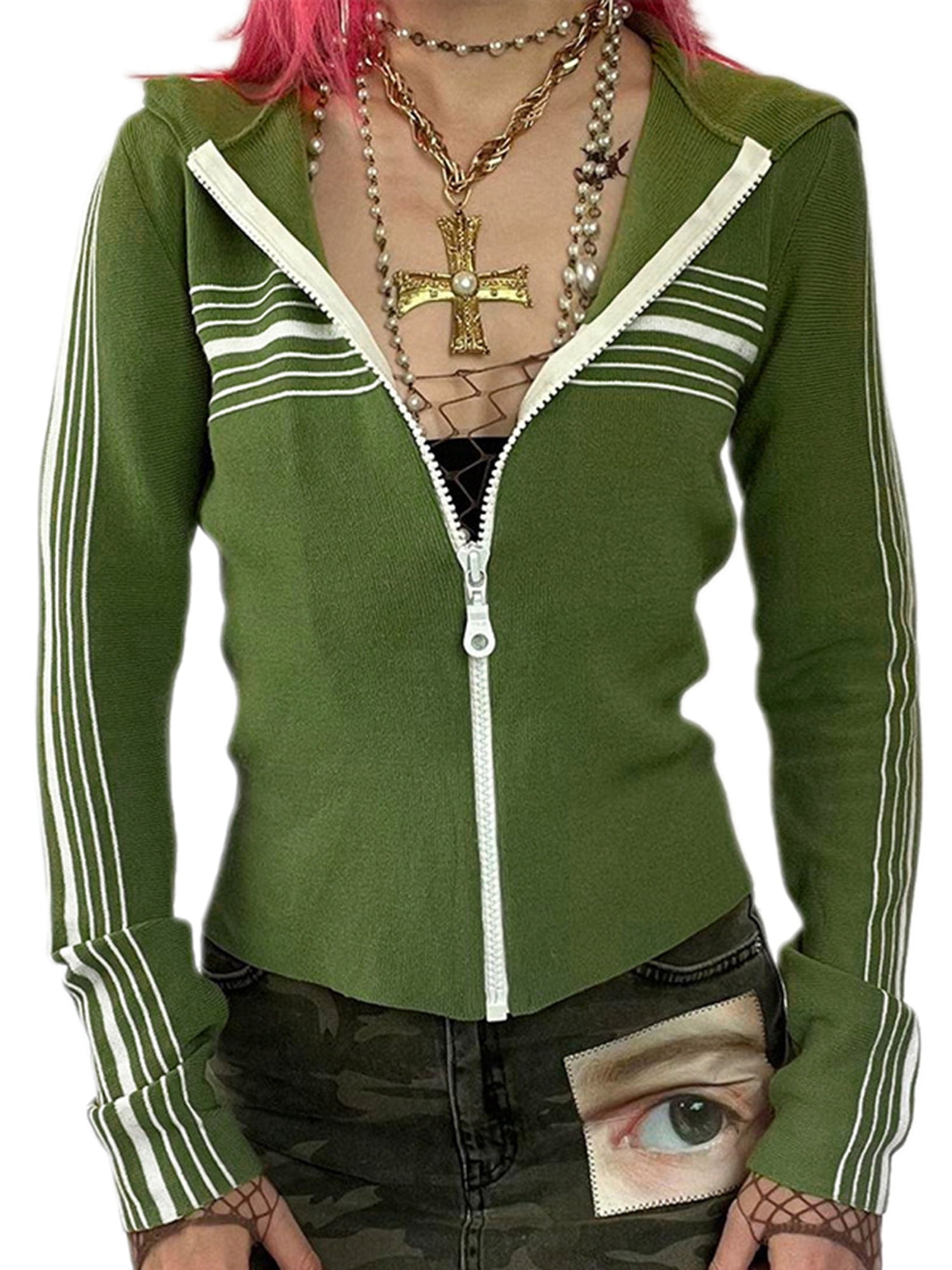 Tregren Female Coat, Striped Long Sleeve Hooded CloseFitting Jacket