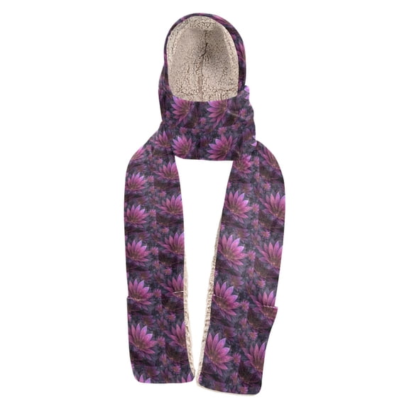 BZSMCE Warm Fleece Hood Scarf Wrap Mystic Purple Lotus Pattern