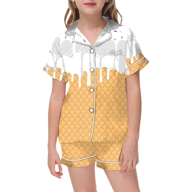 Hiiyo Girls Pajamas Ice-Cream Print Short Sleeve Button Shirt Shorts Sleepwear Set
