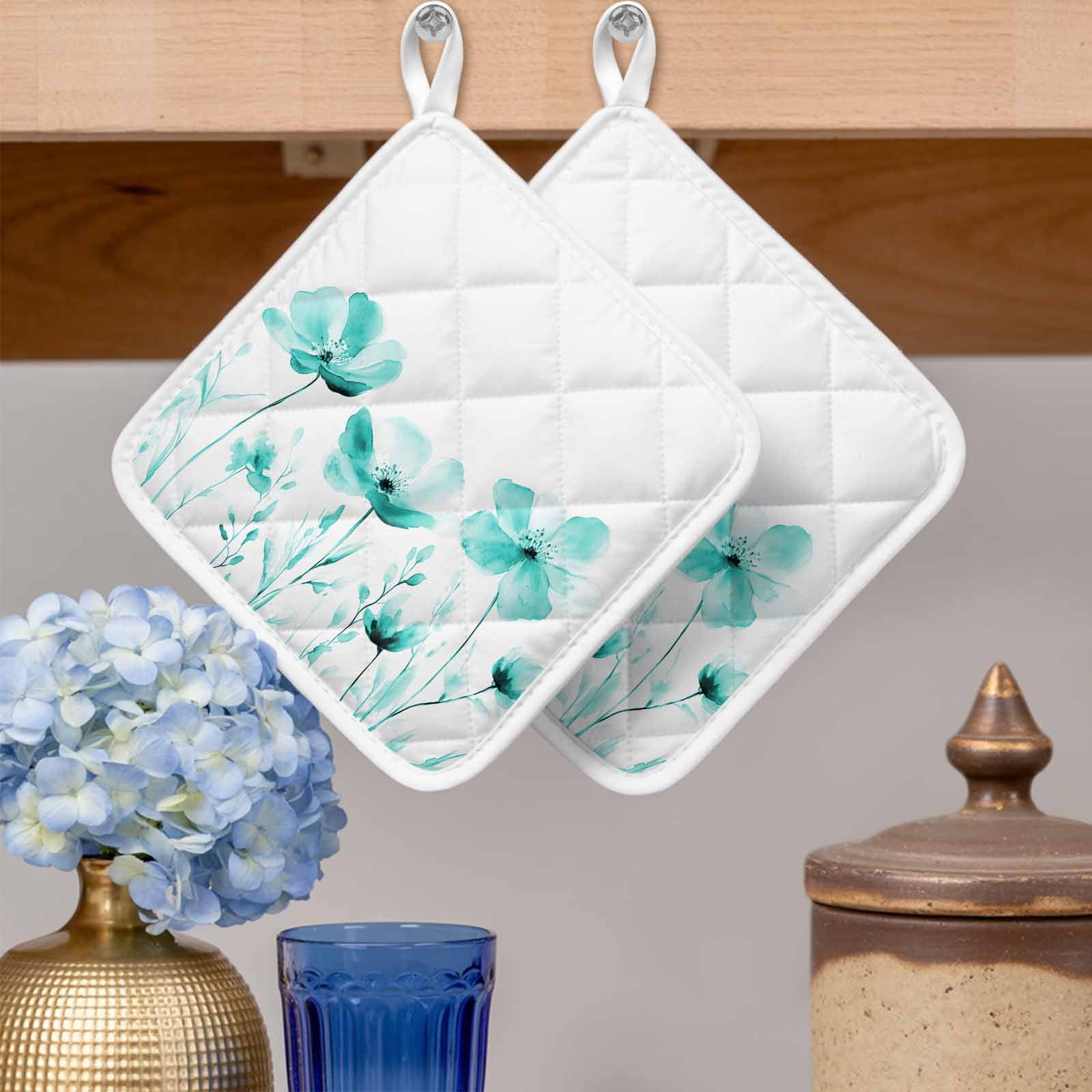 Blue Aqua Flower Pot Holders for Kitchen Heatproof Potholder, 4 Pack White Floral Plant Herb Botanical Hot Pads Multipurpose Oven Pads Cloth Potholders Trivet for Cooking and Baking