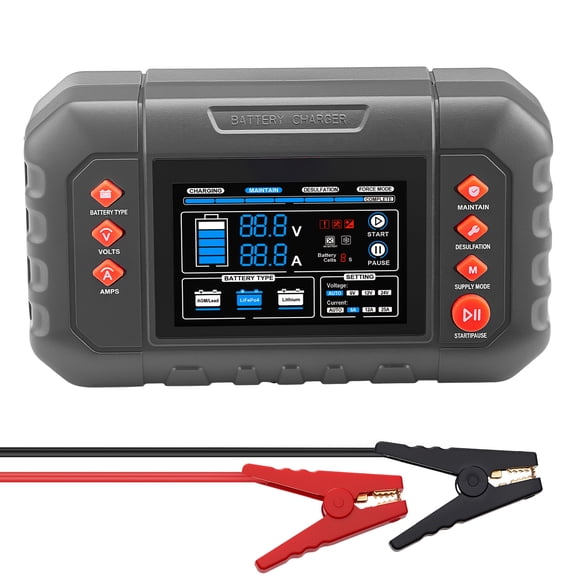 KFFKFF Smart Battery Charger, 25A, 6V 12V 24V Lithium LiFePO4 Lead-Acid (Gel/AGM) Battery Charger, with 3.4-Inch LCD Screen, Trickle Charging Maintainer and Desulfator, Suitable for Cars, Boats