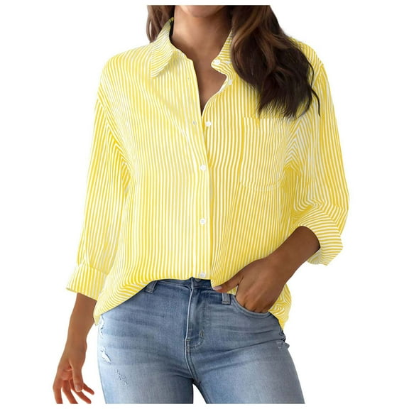 Aocisk Striped Button Down Shirts for Women Dressy Casual Long Sleeve Shirts Loose Fit V Neck Business Work Tunic Top Spring Cardigan Top with Pocket