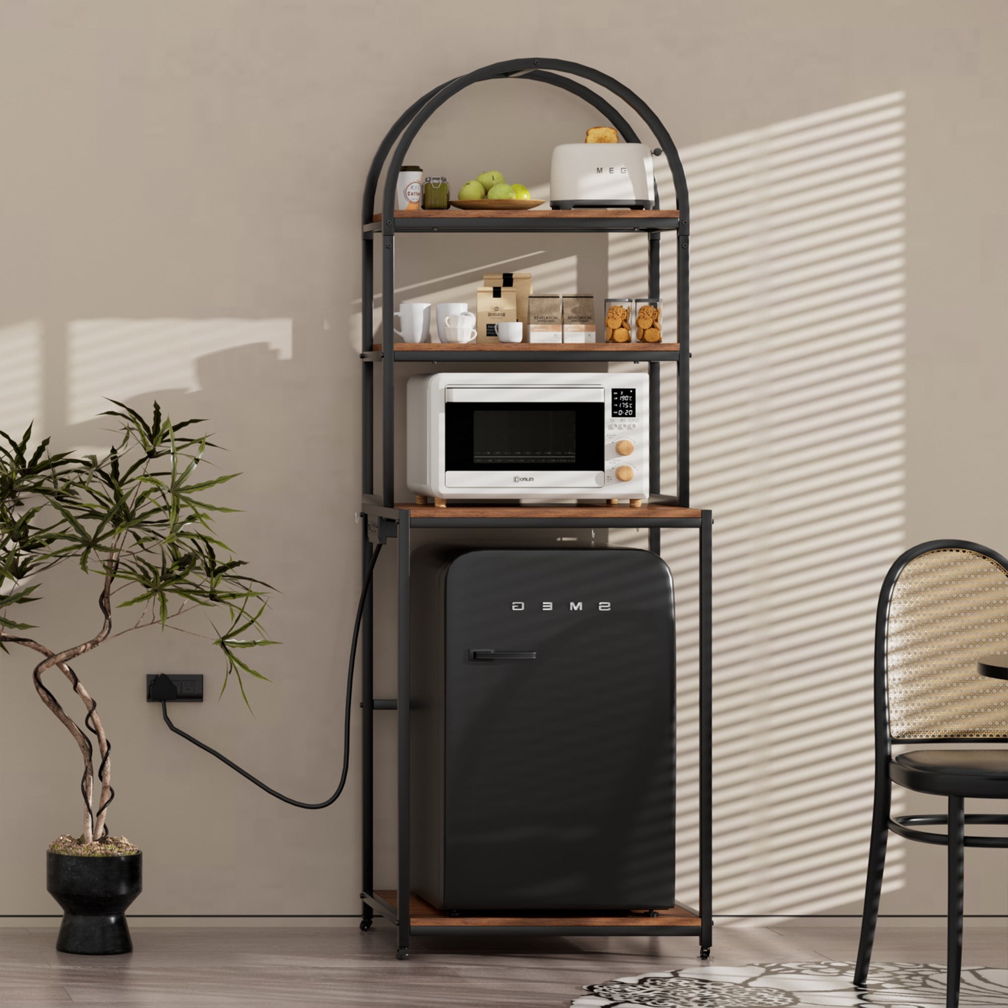 Fridge Stand with Power Outlet and Wheels, 4-Tier Mini Fridge Cabinet with Storage, Kitchen Storage Shelf Rack for Living Dining Room