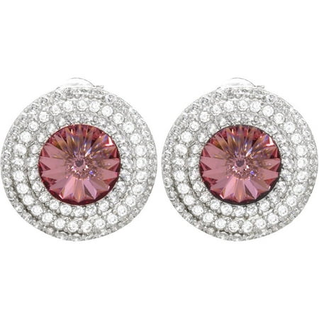 American Designs Round Pink Multi-Faceted Swarovski Crystal Rose and Clear CZ Sterling Silver Estate-Look Post Stud Earrings