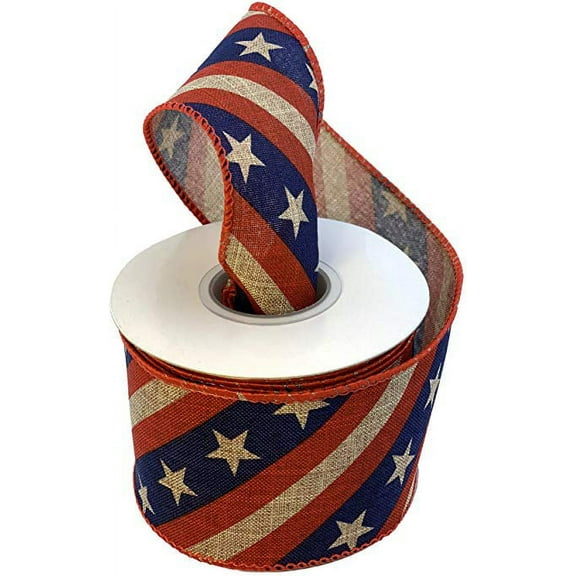 Rustic Stars & Stripes Wired Ribbon- 2 1/2" x 10 Yards, American Flag Ribbon, Wreath, Memorial Day, 4th of July, USA, Christmas, President's Day