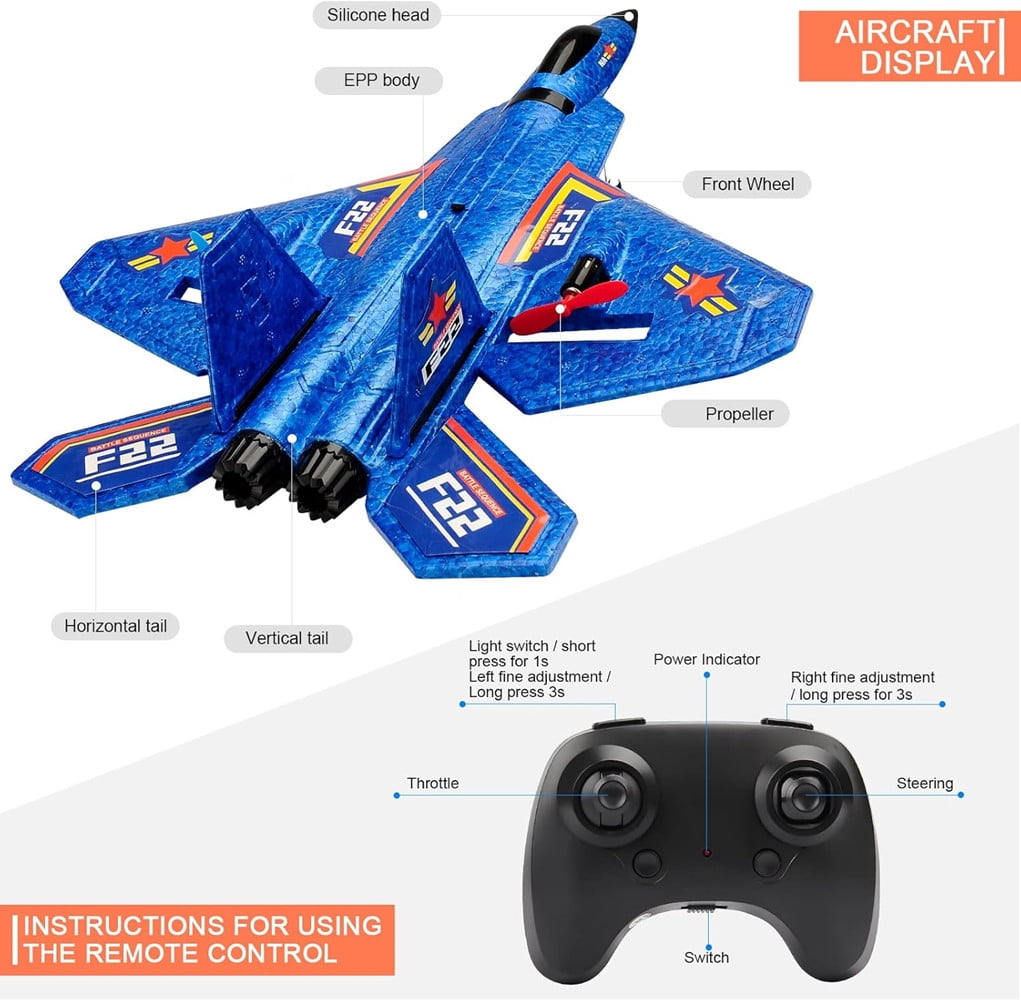 RC Plane F22 Jet 2.4G 6-Axis Gyro Remote Control Airplane Fighter Toy Gift for Kids Beginner(Blue)