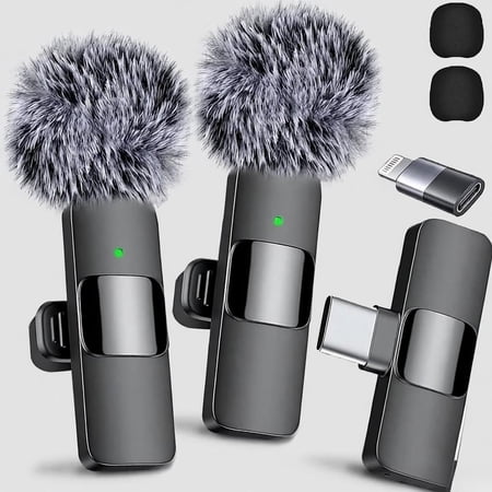 Wireless Lavalier Microphone for iPhone iPad Android, 2 Pack Clip-On Mic for Video Recording, Podcasting, ASMR, Crystal Clear Audio with USB-C & Lightning Connector, Rechargeable, Noise Reduction