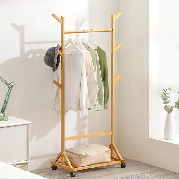 Perchero Rack Multifuncional, Estante con 6 Ganchos y Ruedas para Colgar Ropa, Percheros de Pasillo Entrada Dormitorio, para Bolsas, Sombreros, Bufanda, Paraguas