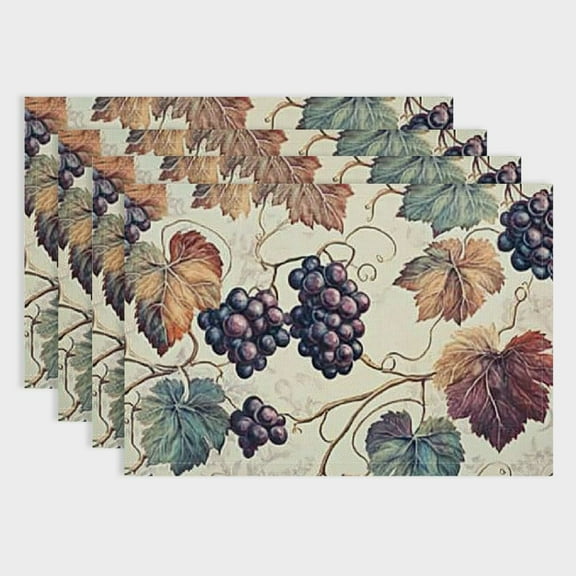 SHERONV Vine Place Mats Set of 4, Vintage Drawing Style Hand Drawn Grapes and Detailed Leaves Nature Wine Making Print, WashablePlacemats for Dining Table, Standard Size, 18x12in