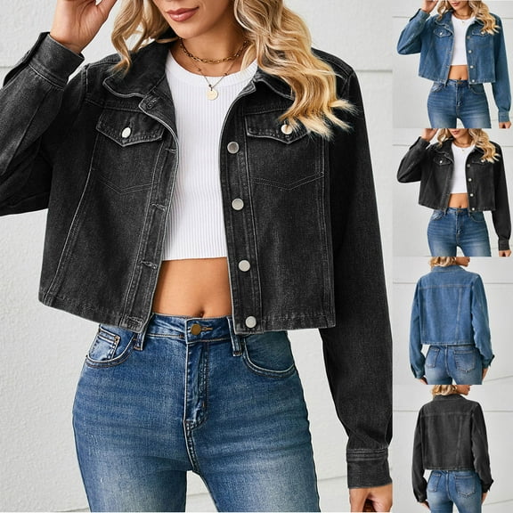 Feancey Lightweight Denim Jacket for Women Cropped Button Down Jean Jackets Dressy Trendy Open Front Cardigan Outerwear with Pockets Black L
