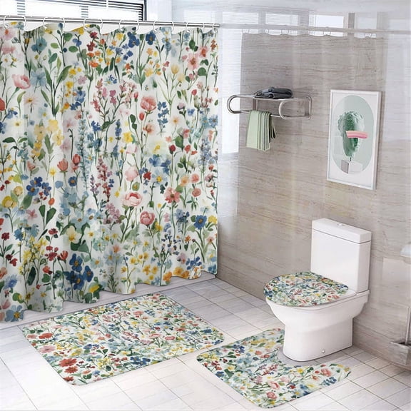 Spring Summer Floral Shower Curtain Sets 4 Piece Bath Mat U-Shaped Floor Mat Toilet Lid Oval Rug Springtime Summertime Waterproof Personality Pattern Bath Curtains for Bathtub Decor