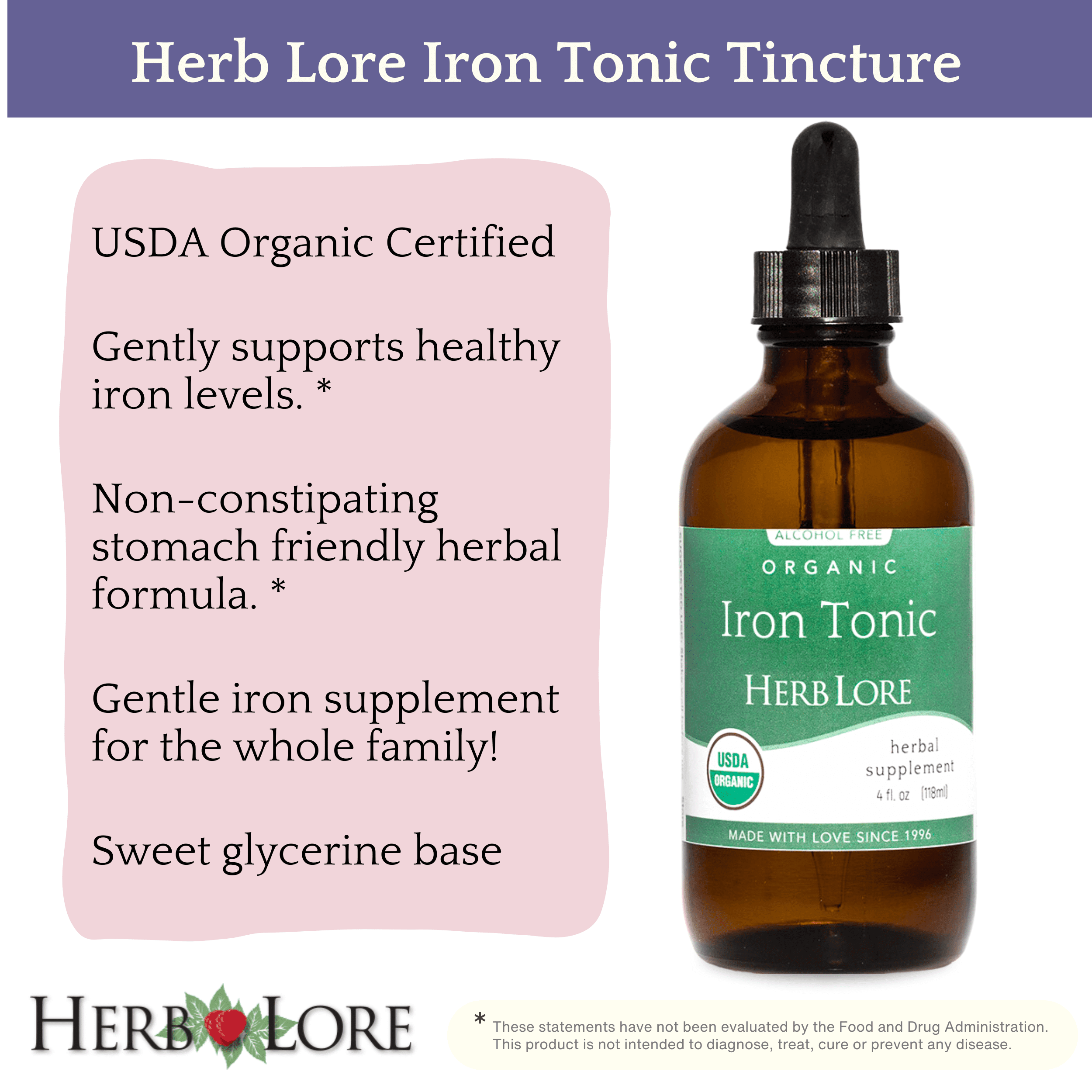 Herb Lore Organic Liquid Iron Tonic Tincture – Non-Constipating Iron Drops for Toddlers, Kids, and Women (4 fl oz)