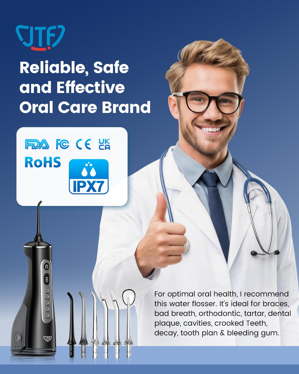 JTF Cordless Water Flosser for Teeth: 3 Modes & 10 DIY Pressure Levels Portable Oral Irrigator for Braces & Sensitive Gums with 9 Tips & 300ML Tank, Rechargeable Electric Dental Pick for Home Travel