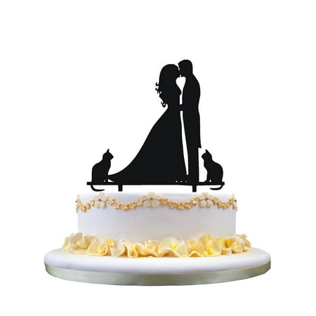 Kissing Couple Cake Topper - HILBOTT Wedding Anniverary Cake Topper couple Bride Groom Family Kissing Couple with Two Cats Silhouette Wedding Cake Topper