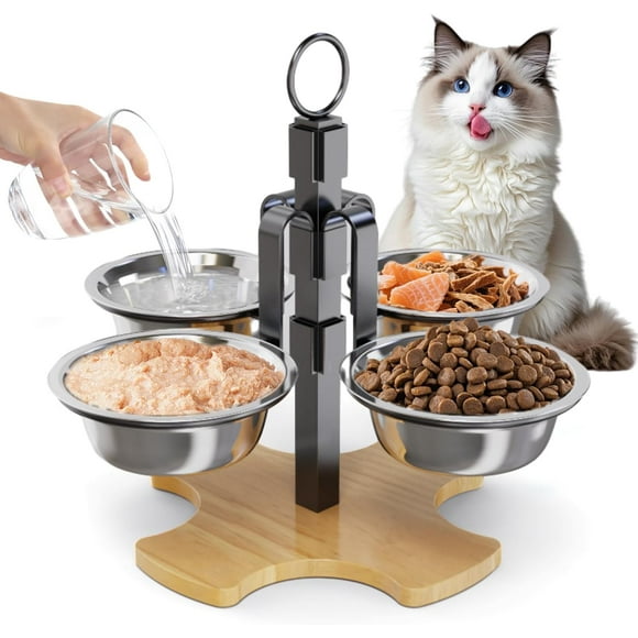 Elevated Cat Food Bowls, 3 Adjustable Heights Raised Cats Bowl for Indoor Cats Small Dogs with 4 Stainless Steel Bowls, Pet Food and Water Bowl