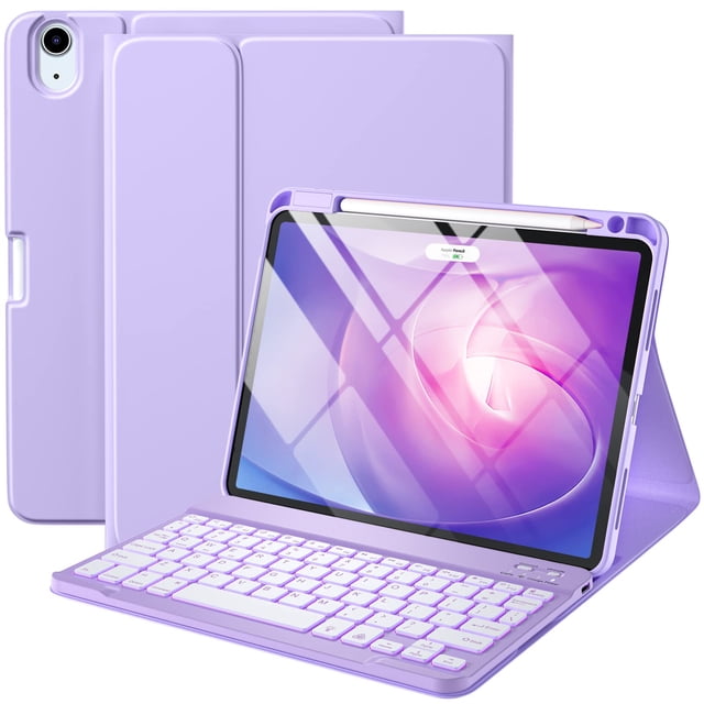 Funda de teclado Harvopu compatible con iPad Air de 11 pulgadas, M2/ Air de 10,9 pulgadas, 5ª y 4ª generación, con retroiluminación de teclado desmontable, color morado