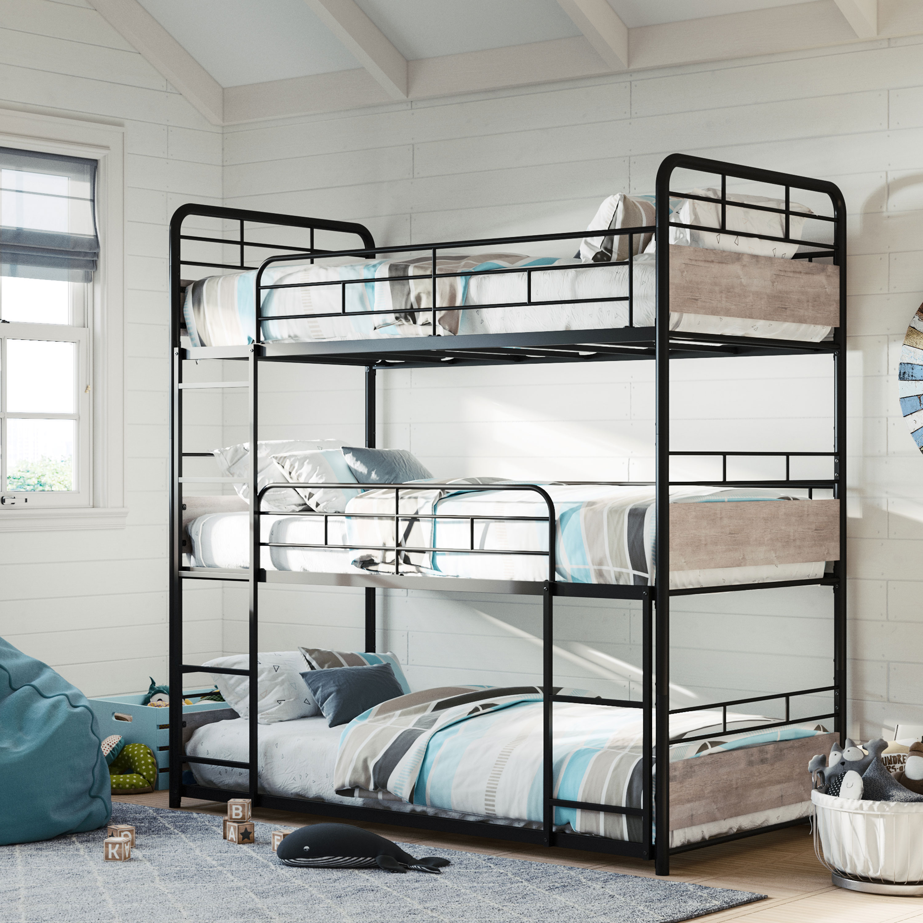Better Homes & Gardens Anniston Convertible Black Metal Triple Twin Bunk Bed, Gray Wood Accents - image 7 of 26