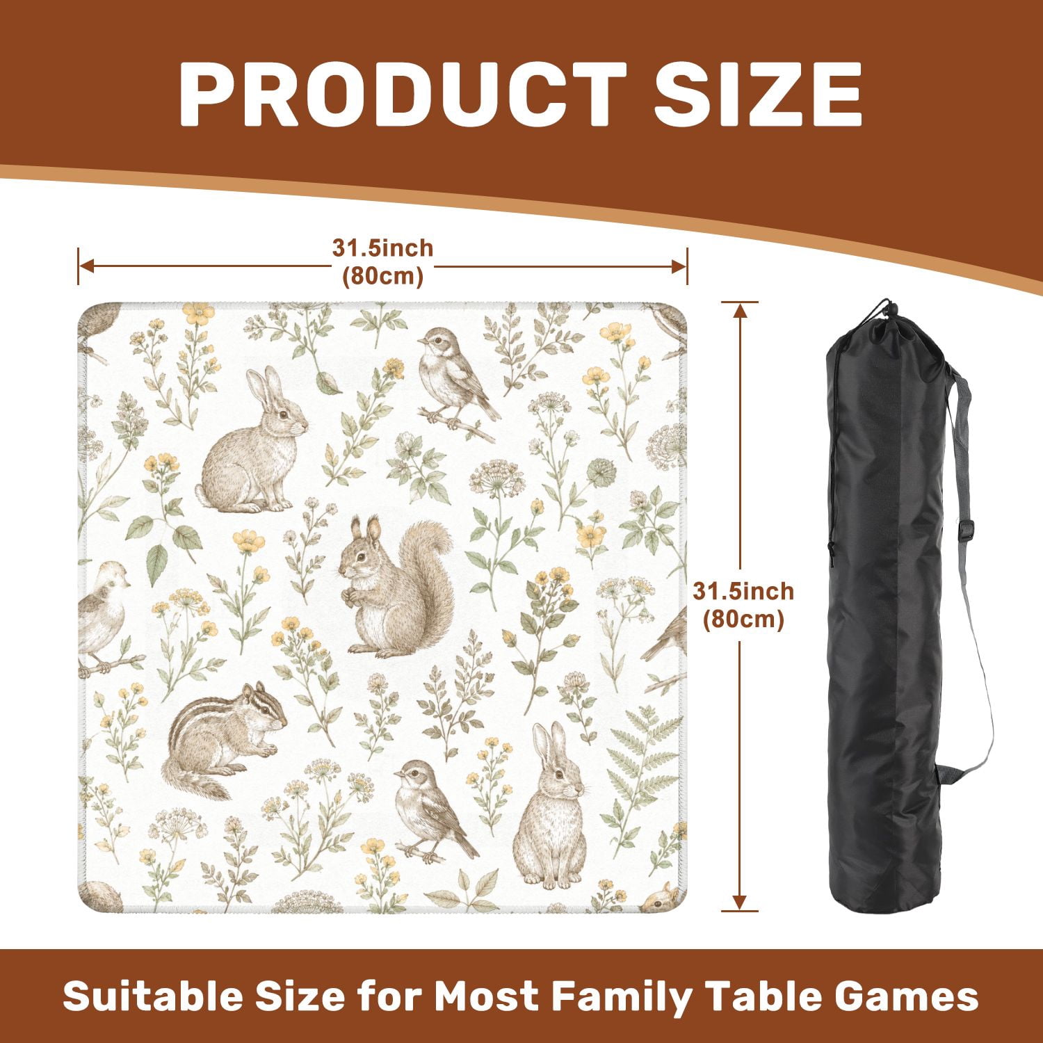Mahjong Mat 31.5" x 31.5" Vintage Woodland Animals Wildflowers White Non-Slip Noise Reduction American Mahjong Tiles Table Cover for Dominoes Poker Card Board Games Gift