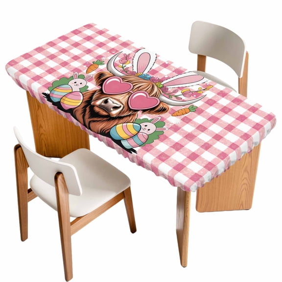 Easter Table Cloths for 3 Foot Rectangle Tables, Cartoon Cute Rabbit Cow Carrots Pink Buffalo Plaid Patio Waterproof Elastic Fitted Tablecloths, Washable Rectangular Table Cover for Camping