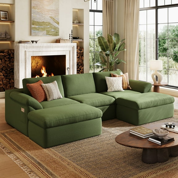 LINSY HOME Oversized 109" Boneless Sectional Couches for Living Room, U-Shaped Cloud Couch Sofa with Corduroy Fabric, 3 Seat Foam Sofa with 2 Ottomans, No Assembly Required, Green