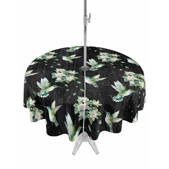 Outdoor Tablecloth with Umbrella Hole for Patio/Picnic/Party/Camping, Black Summer Botanical Waterproof Table Cloth Round Cover Washable, Green Spring Floral Birds Farmhouse (Dia 60")