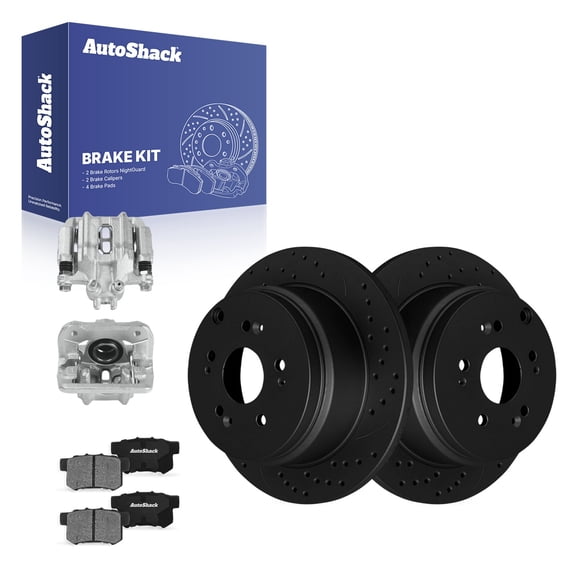 AutoShack Rear Solid Drilled & Slotted E-Coated Brake Rotors Black Finish   Ceramic Pads   Calipers 8-PC Brake Kit Replacement for 2005-2006 Honda CR-V NightGuard 12" (304.7 mm)