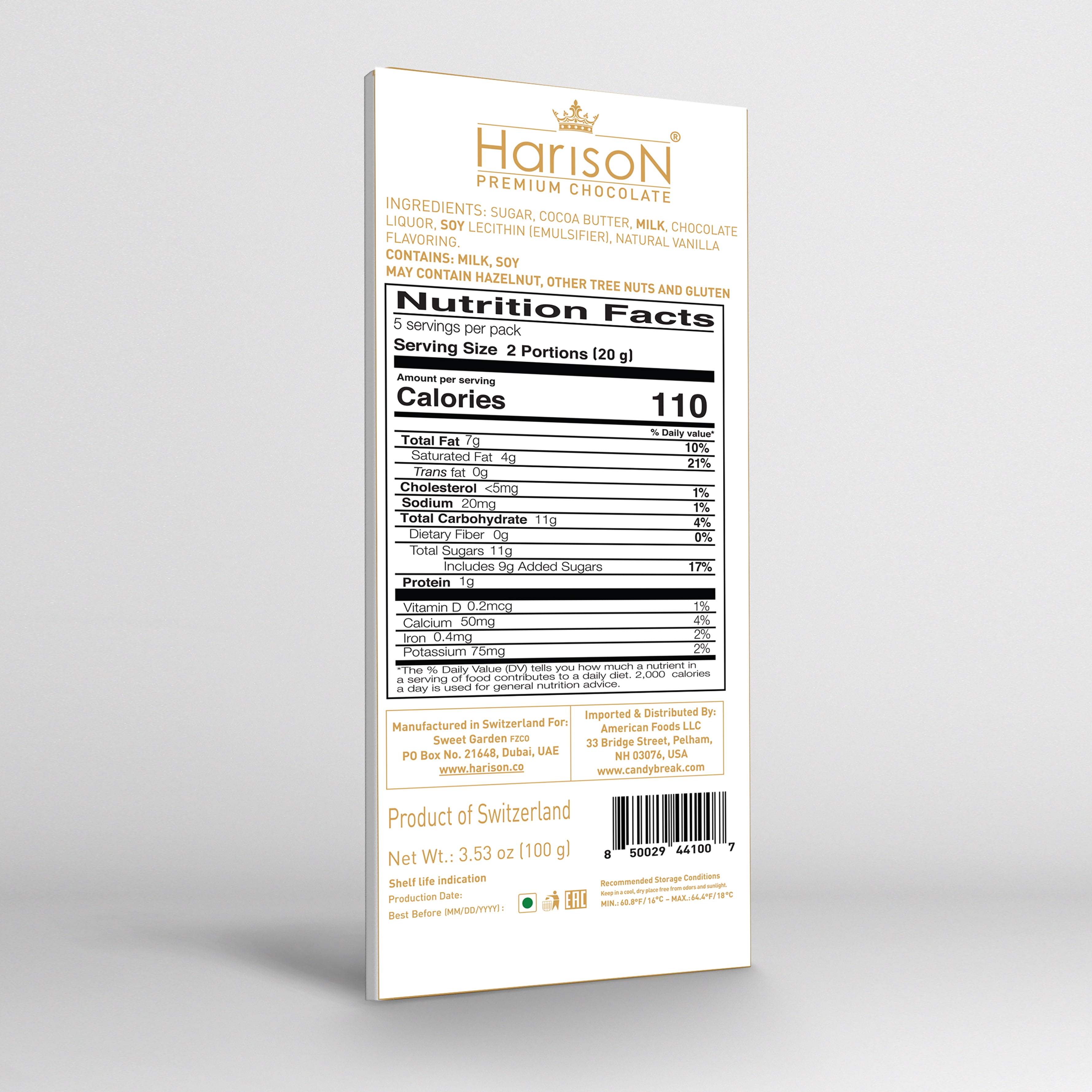 (4 pack) Harison Milk Chocolate Bar 3.5oz- Premium Swiss Chocolate