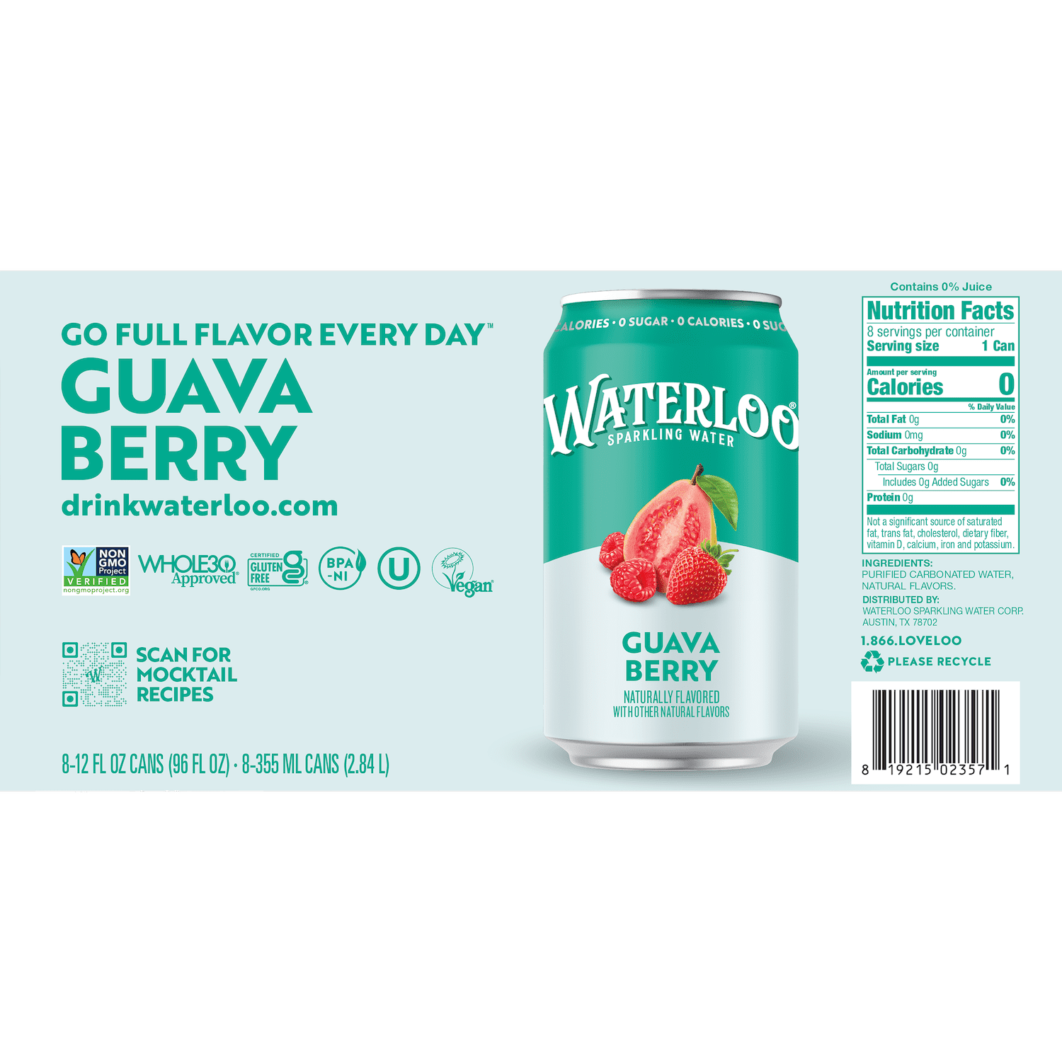 (3 pack) Waterloo Sparkling Water, Guava Berry, 12 fl oz, 8 pack, Zero Calories, Zero Sugar, Non-GMO