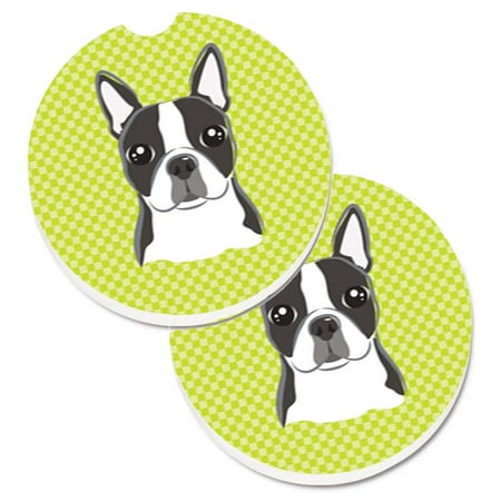 

Lime Checkered Boston Terrier Set of 2 Cup Holder Car Coaster