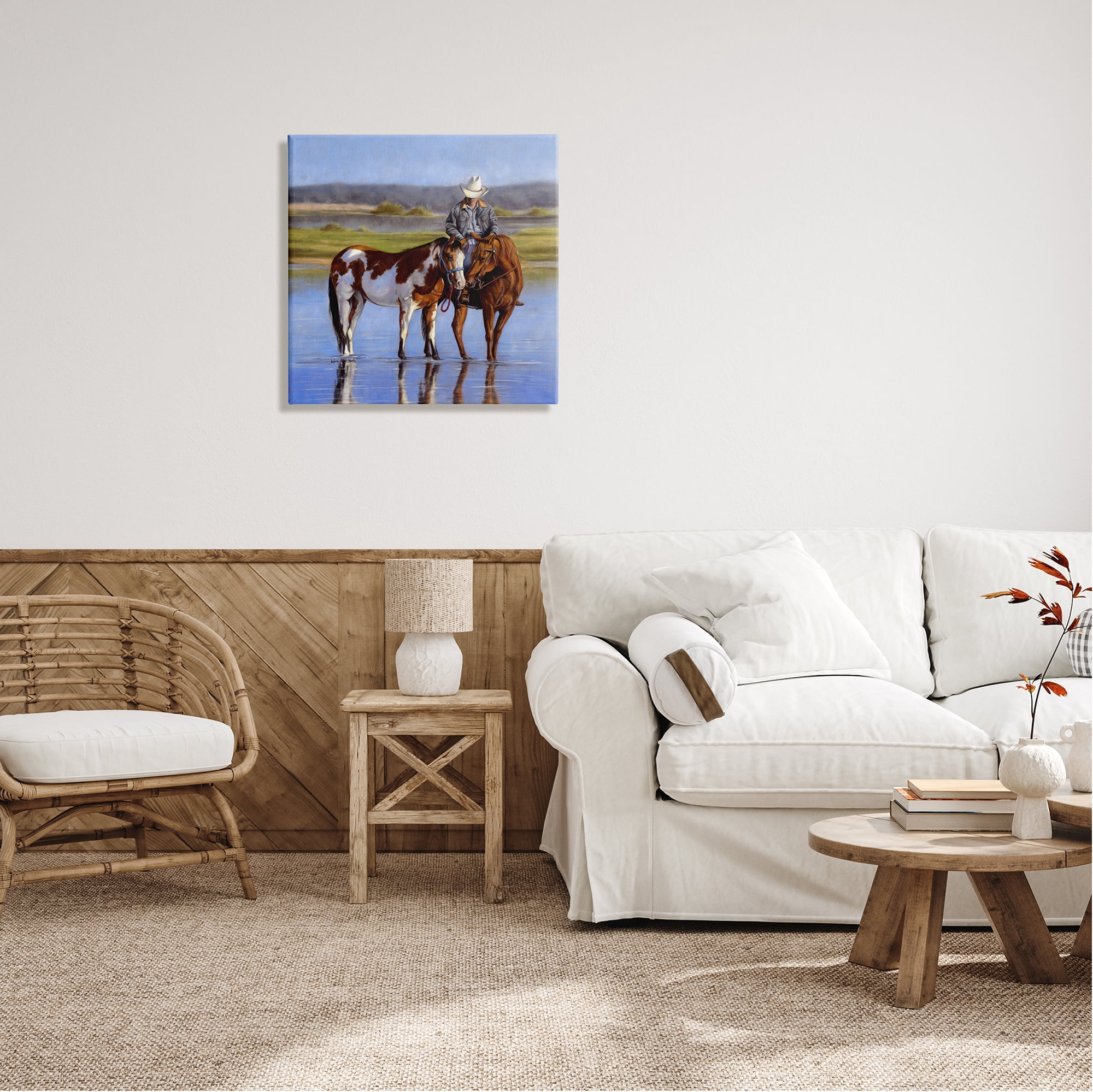 Stupell Industries Cowboy in Shallow River Animals & Insects Painting Gallery Wrapped Canvas Art Print Wall Art, 24 x 24